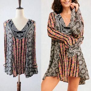 Free People Fallin Into You Tunic Dress XS Boho Embroidered Floral Long Sleeve